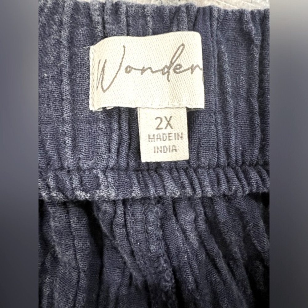 WONDERLY Navy Blue, Gauze-Look 100% Cotton, Wide Leg , Long Pants w POCKETS - Picture 3 of 9